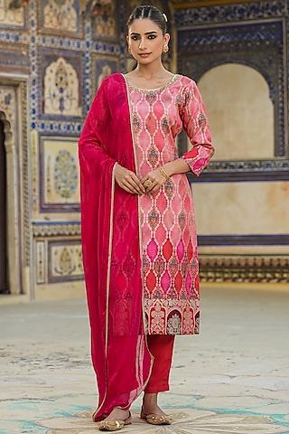 coral banarasi silk jacquard floral printed & sequins embellished kurta set