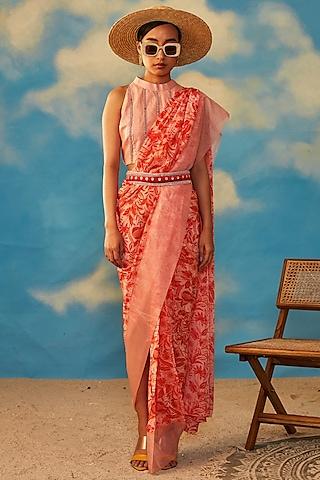 coral cotton lurex & crepe embroidered saree set