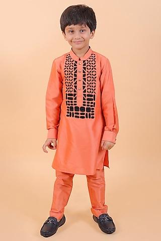 coral cotton silk tilla embroidered kurta set for boys