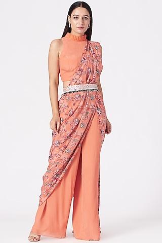 coral crepe printed draped pant saree set