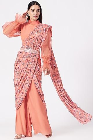 coral-crepe-printed-draped-pant-saree-set