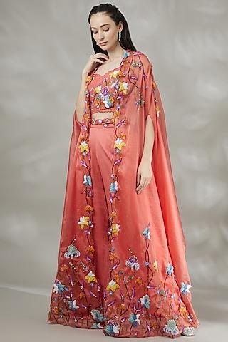 coral embroidered cape set