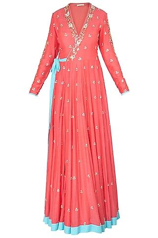 coral embroidered wrap up anarkali gown