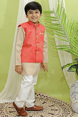 coral jacquard nehru jacket set for boys