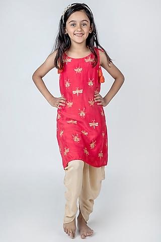 coral muslin hand embroidered kurta set for girls