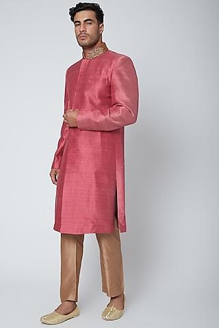 coral pink silk sherwani