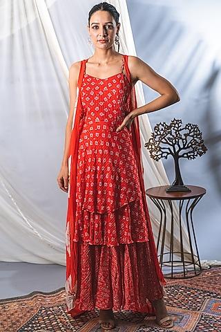 coral red georgette kurta set for girls