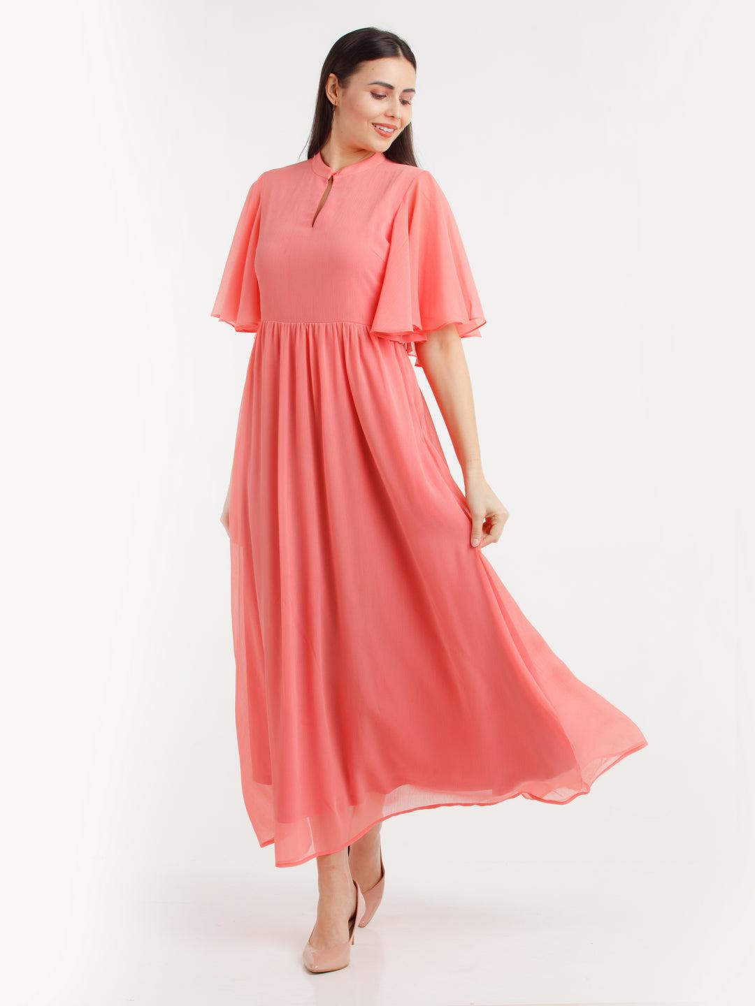 coral solid maxi dress for women