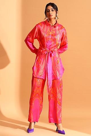 coral & magenta pink copper silk tunic set