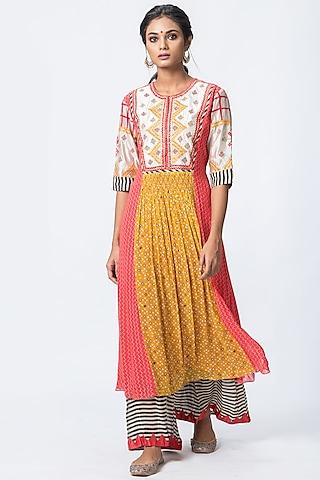 coral & mustard embroidered kurta set