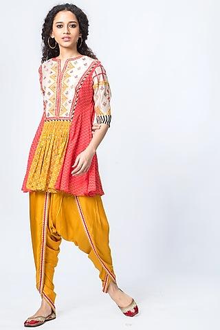 coral & mustard embroidered tunic set