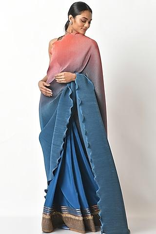 coral & navy blue pleated saree set