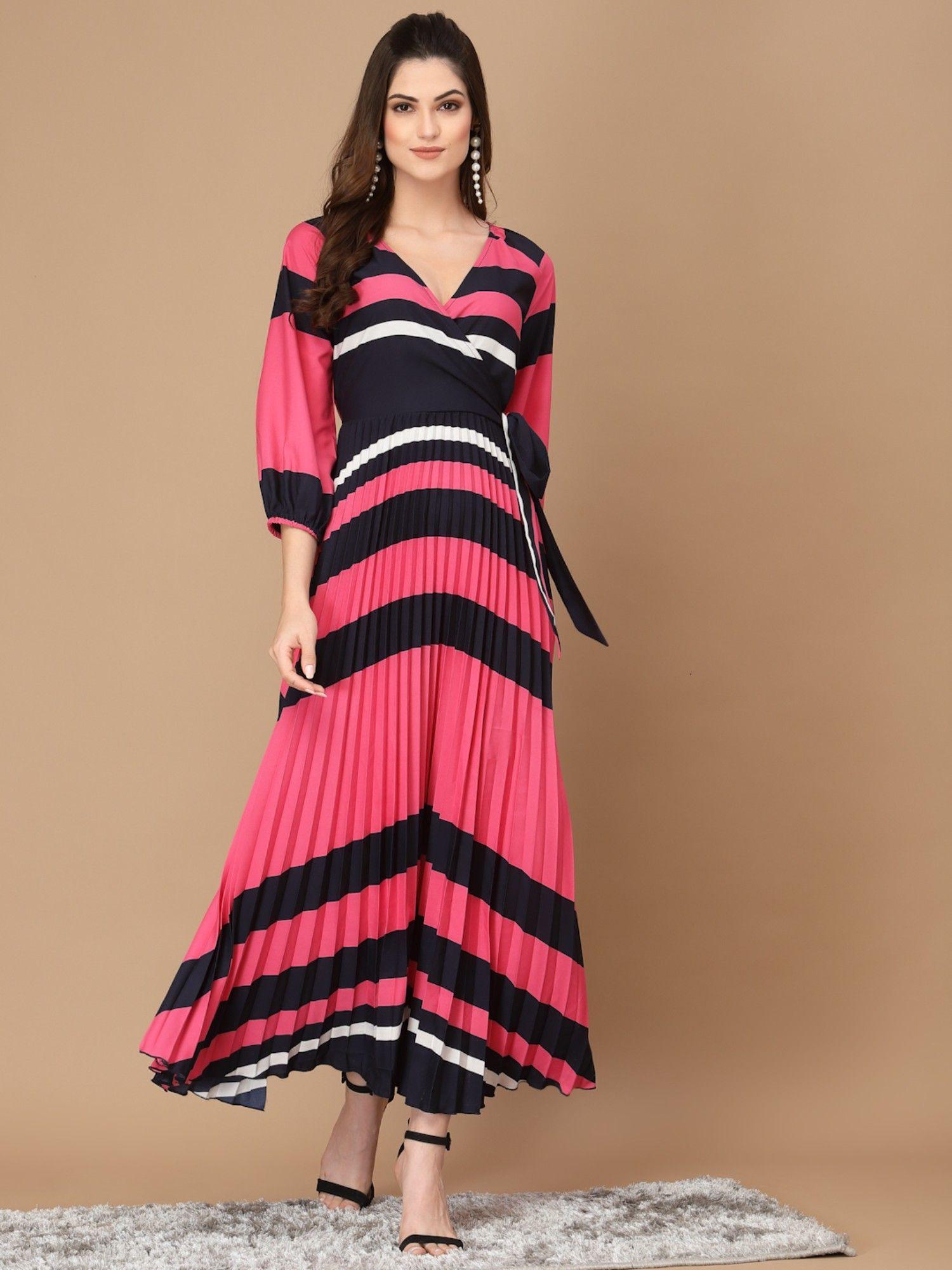 coral & navy blue striped crepe maxi dress