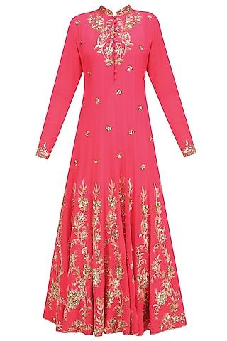 coral anarkali with gold floral embroidery and churidaar set