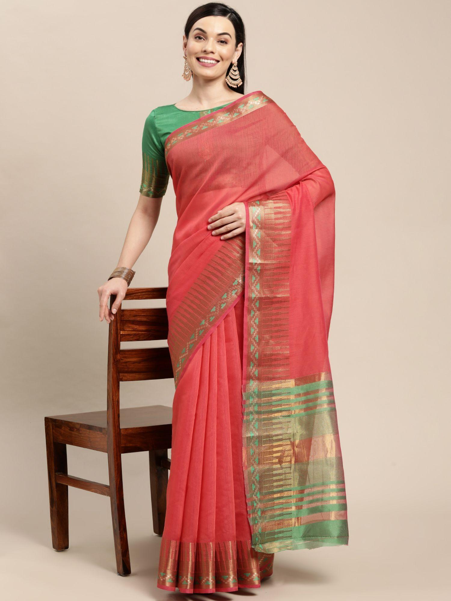 coral and green striped cotton saree with unstitched blouse