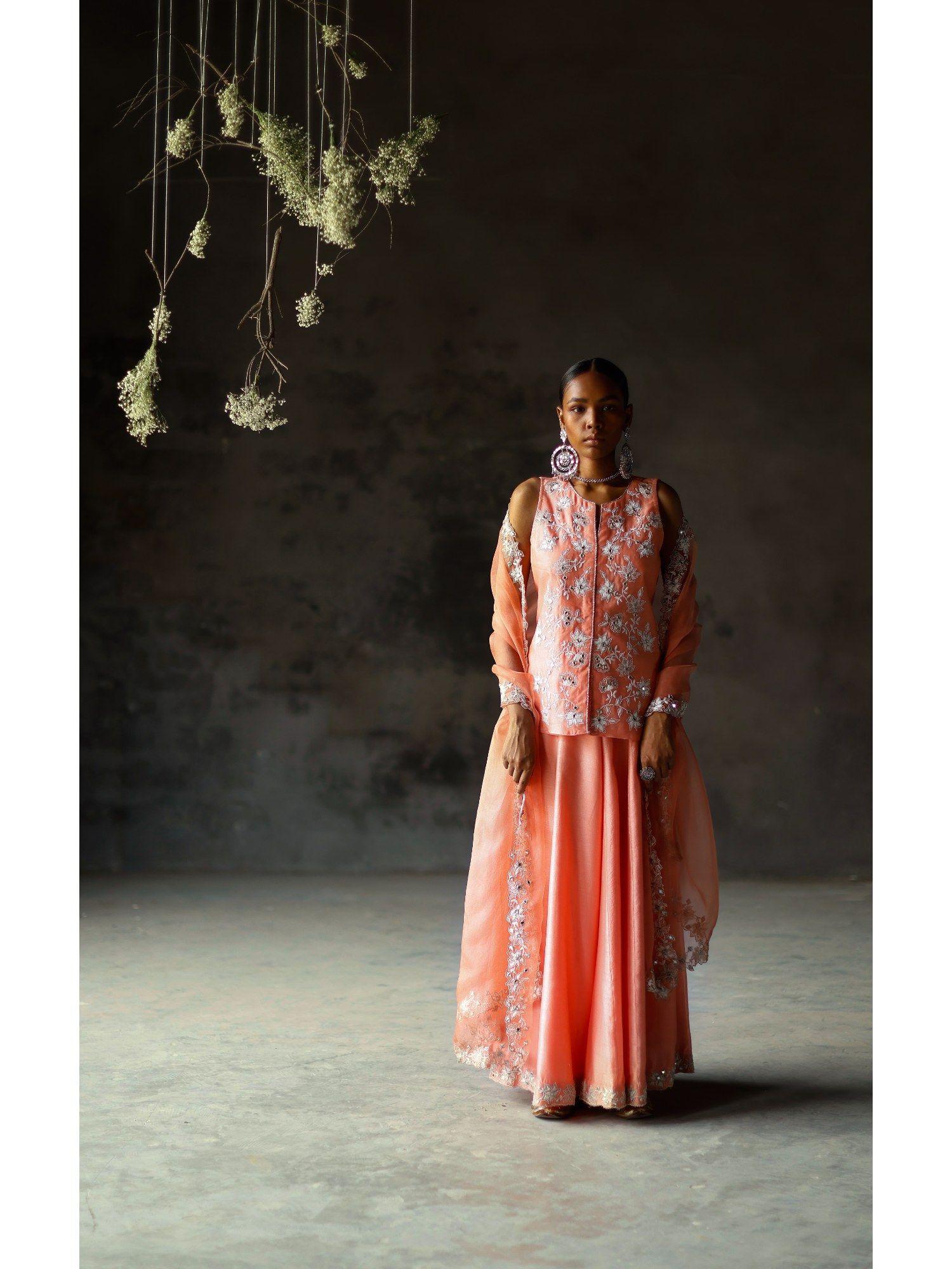 coral ariyah jacket with sharara and dupatta (set of 3)