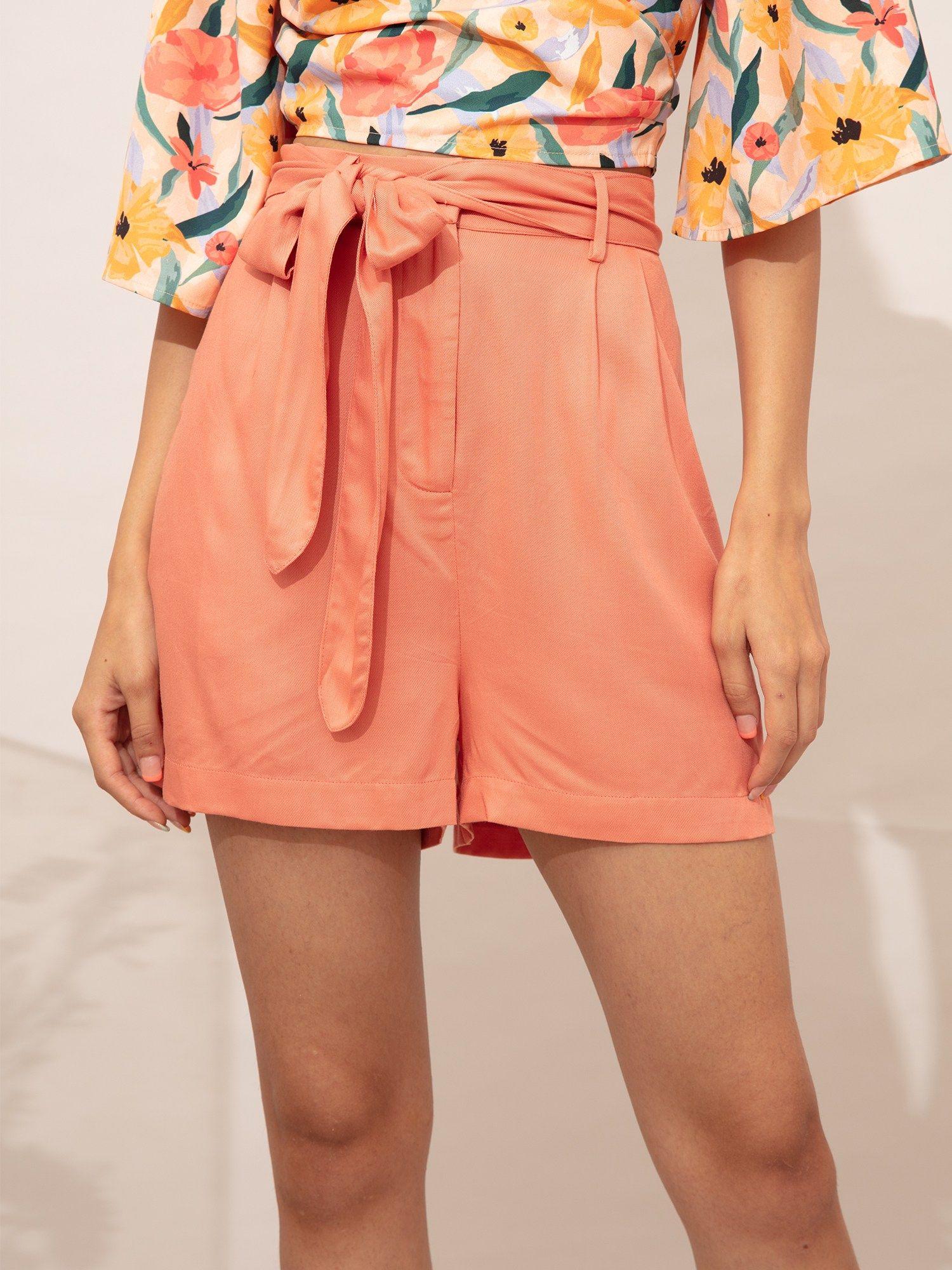 coral belted shorts