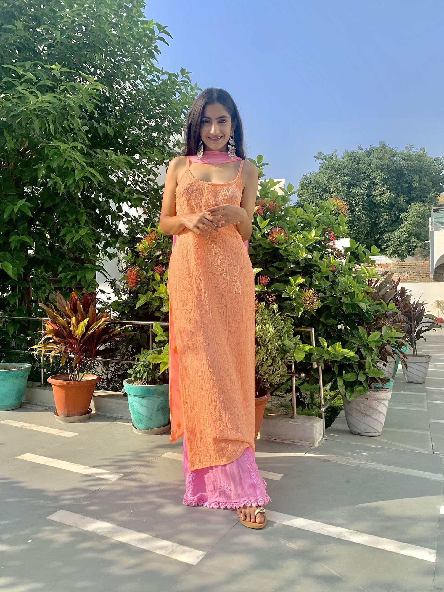 coral blush strappy chikankari kurta