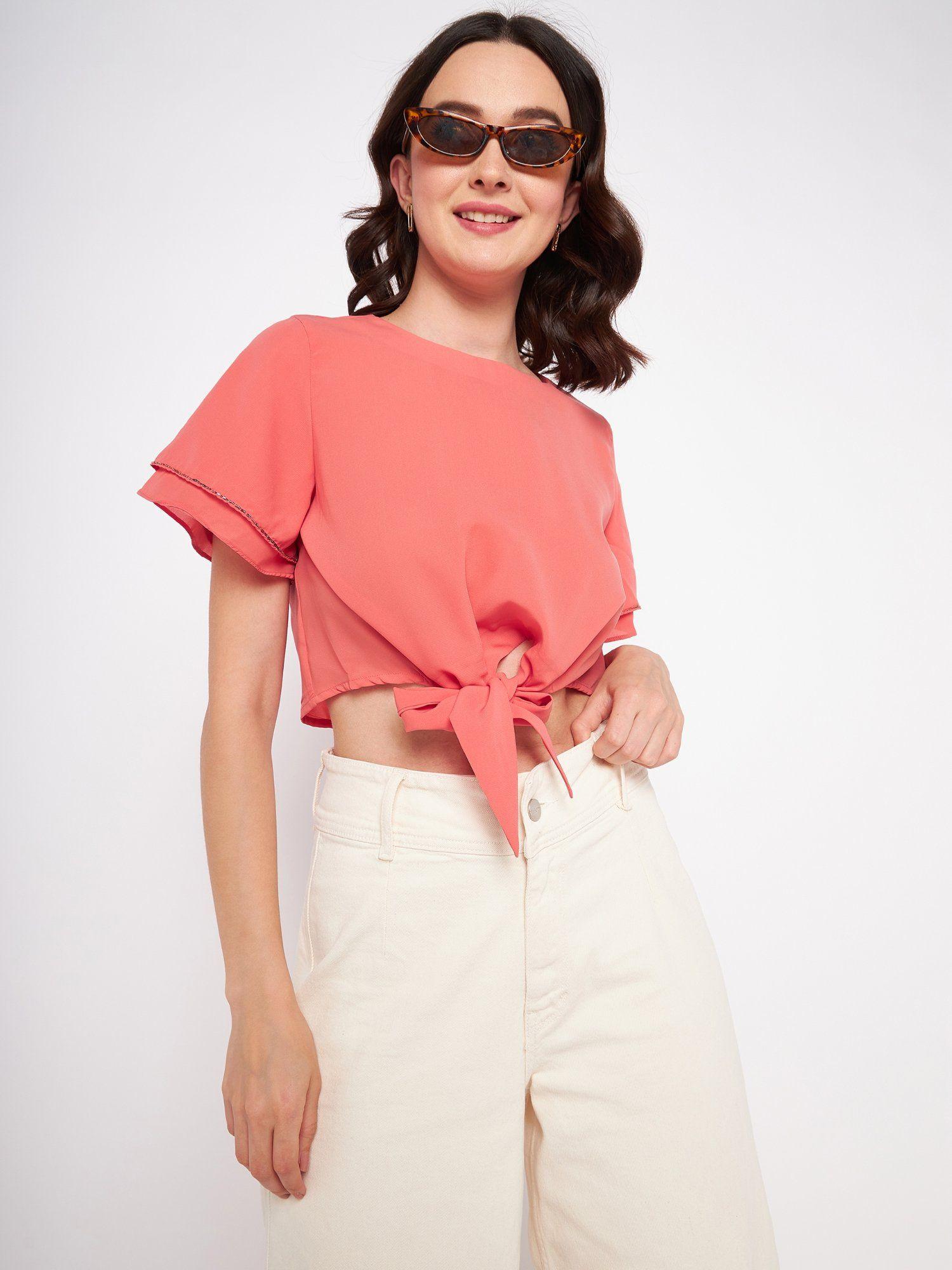 coral boat neck half sleeves crop tops