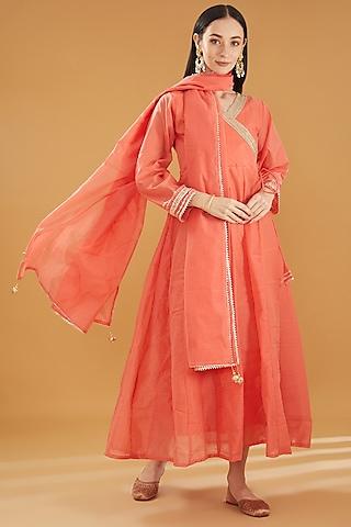 coral chanderi angrakha anarkali set