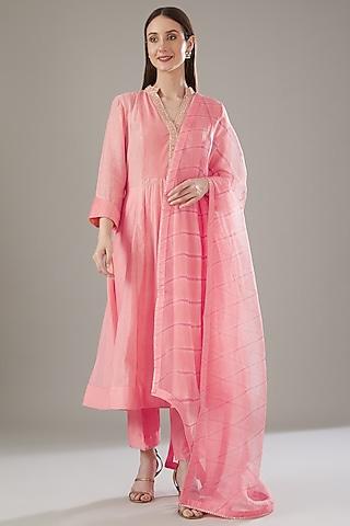 coral chanderi embroidered kurta set