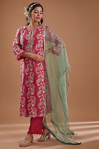 coral chanderi floral printed & sequins embroidered straight kurta set