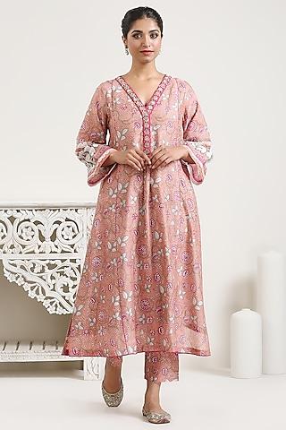 coral chanderi printed kurta set