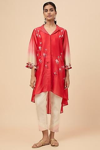coral chanderi silk hand embroidered tunic set