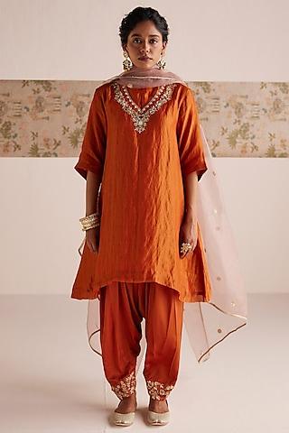 coral chanderi tissue zardosi embroidered kurta set