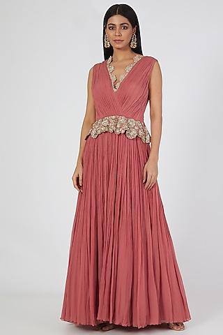 coral chiffon gown with embroidered peplum