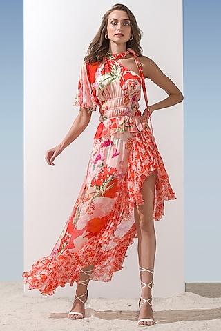 coral chiffon printed dress