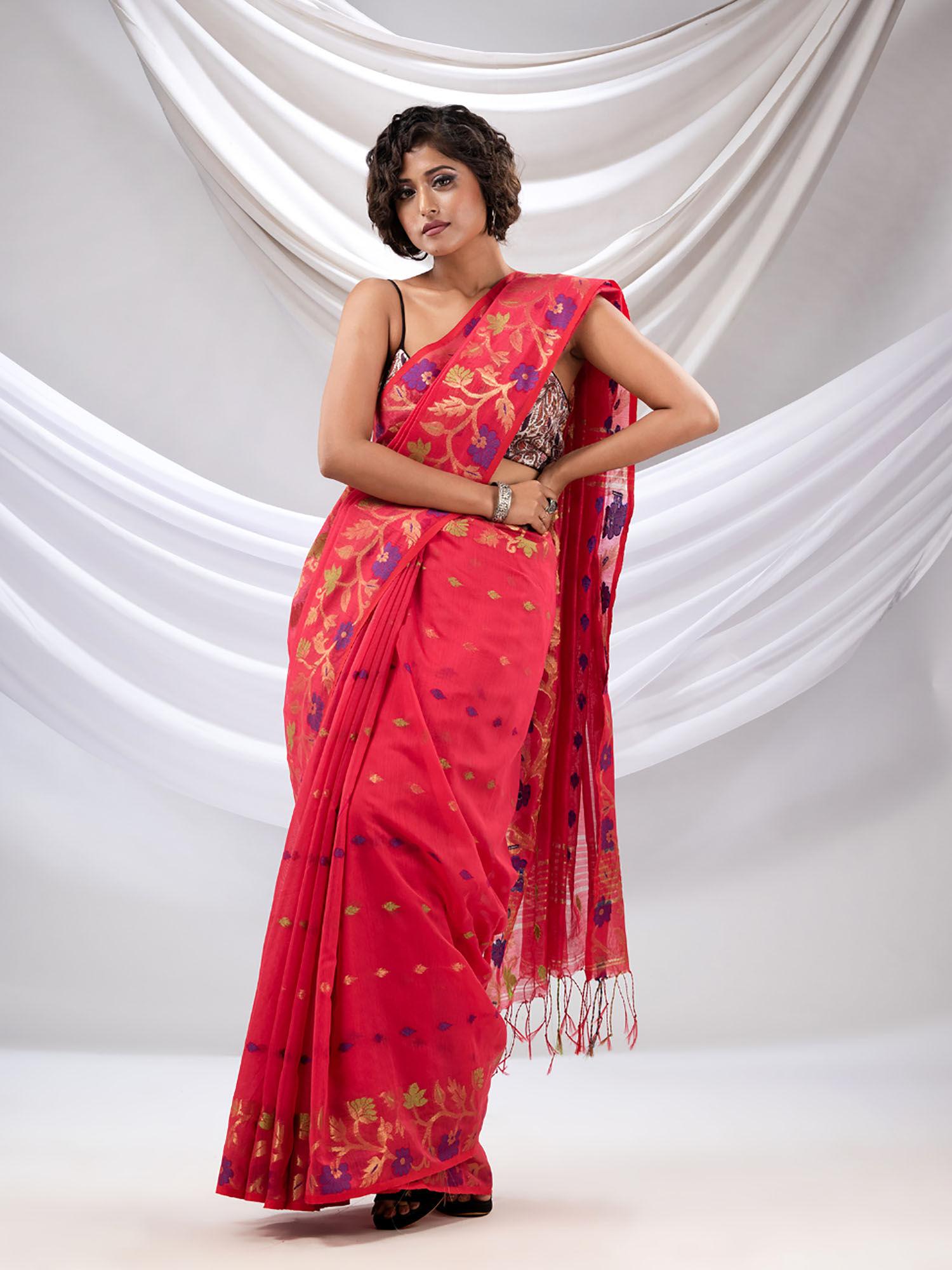 coral cotton blend handwoven saree with floral nakshi borders with unstitched blouse