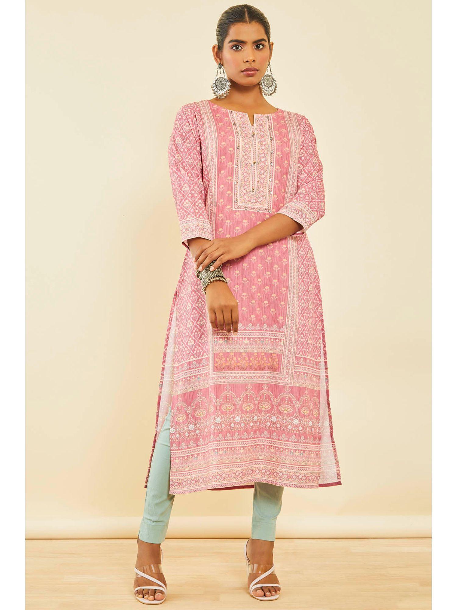 coral cotton botanical print kurta with sequins