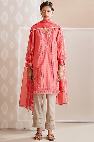 coral cotton embroidered kurta set