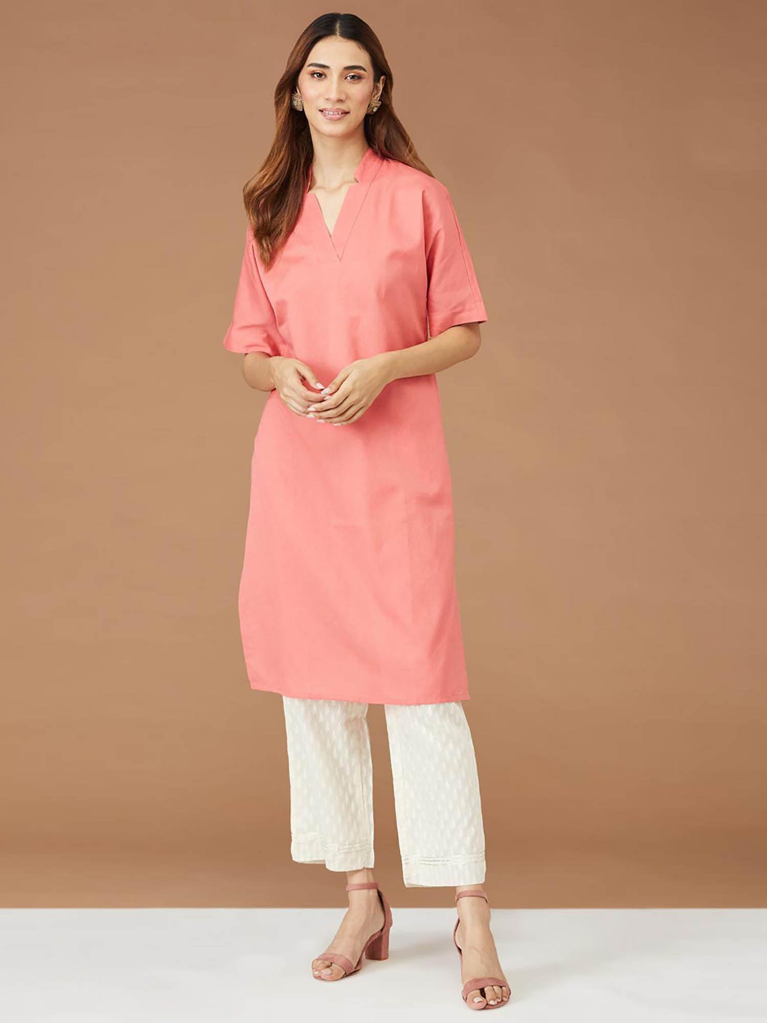 coral cotton linen solid kurta