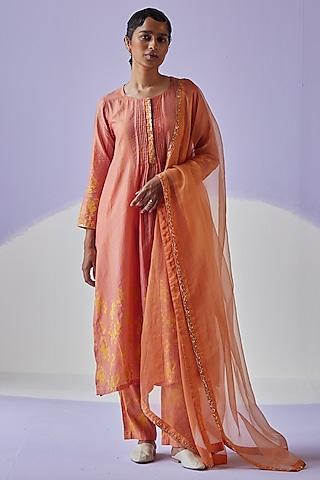 coral cotton silk pleated straight kurta set