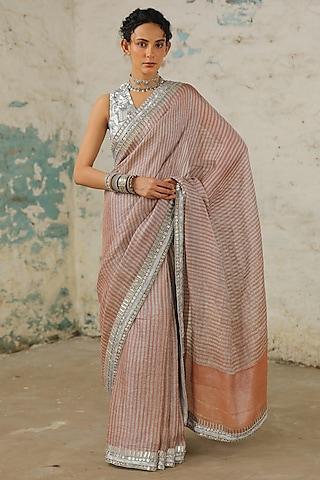 coral cotton zari hand embroidered saree set