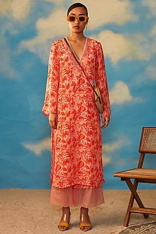 coral crepe embroidered kurta set