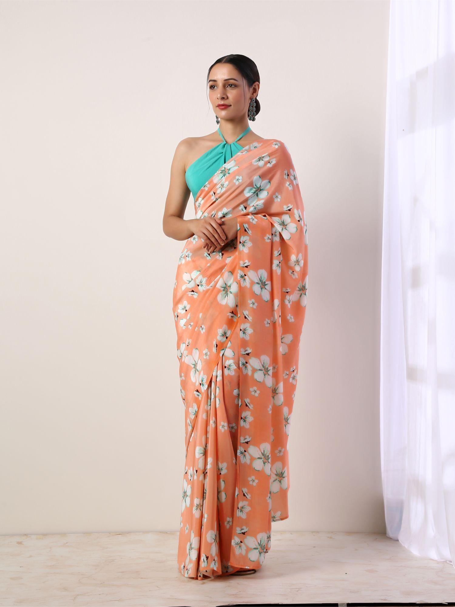 coral crepe saree with stitched blouse