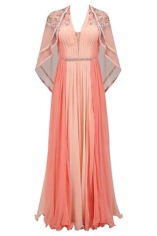 coral curled roses pleated long dress with layered flora cape