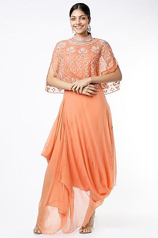 coral draped dress with cape