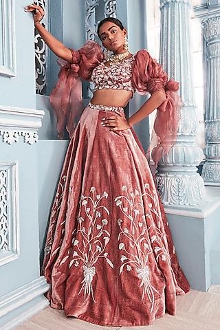 coral embellished blouse with lehenga skirt