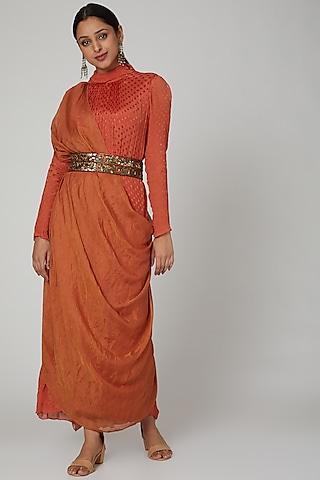 coral embellished draped dress with belt