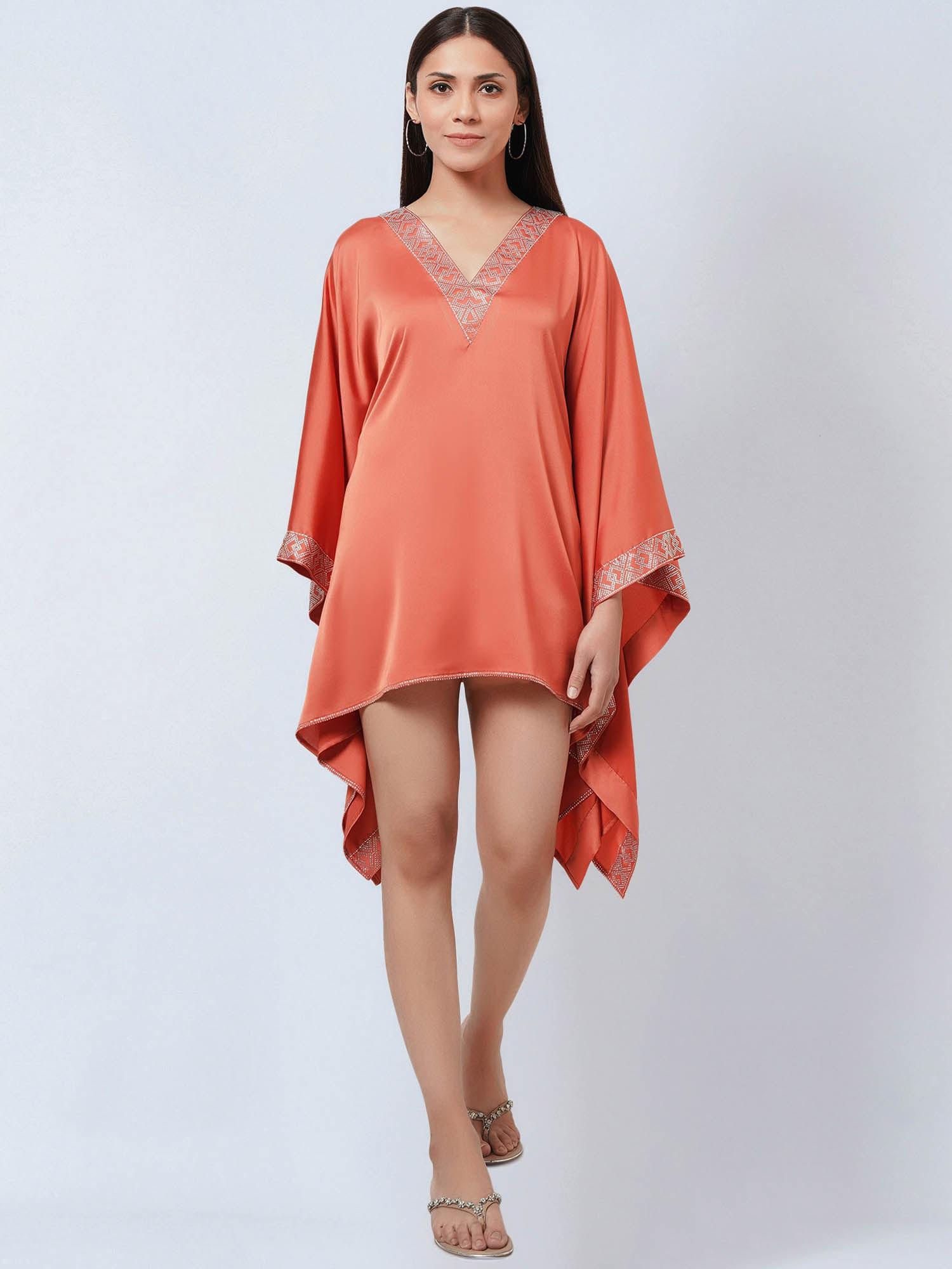coral embellished kaftan dress top