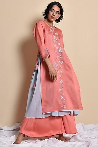 coral embroidered & block printed kurta set