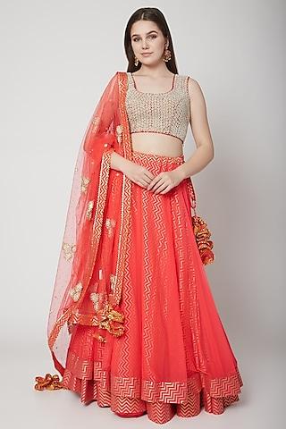 coral embroidered & printed lehenga set