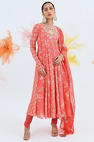 coral embroidered anarkali set