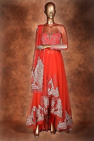 coral embroidered anarkali set