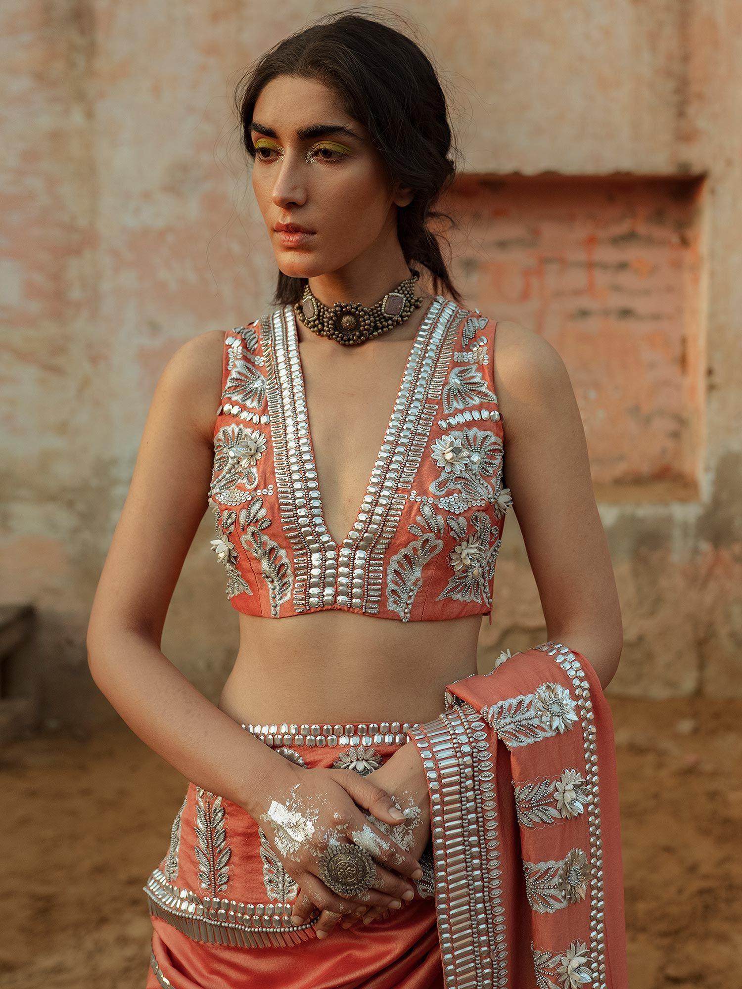 coral embroidered blouse in chanderi