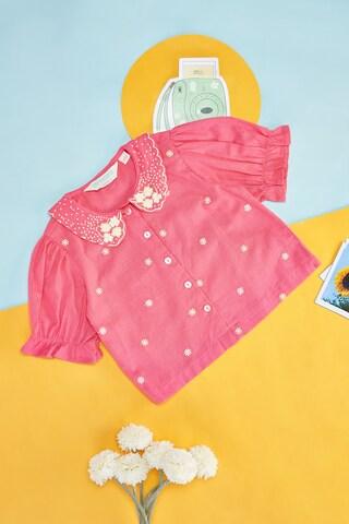 coral embroidered casual elbow sleeves regular collar girls regular fit top